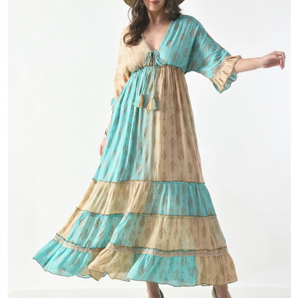 26413 Boho Maxi Dress with Gold Foil Print – Summer Resort Dress w POCKETS - Picture 1 of 2